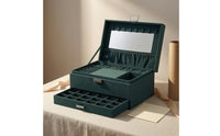 Divided Compartments Velvet Jewelry Box Hinged Lid Jewelry Box with Drawer Metal Latch Display Case Green