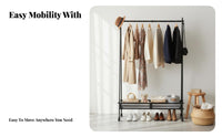 Space-Saving Design Rolling Clothing with Shelf Easy Assembly Wheeled Hanging with Bottom Shelf Multi-Functional Garment Rack Heavy Duty for Homeowners, Renters, Students, Bedroom, Dorm Room, Entryway, Balcony