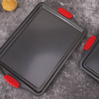 3 Pieces Rectangular Cooking Tray Red Silicone Handles Nonstick Cooking Tray Thickened Carbon Steel Oven Pans
