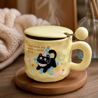 Cute Cat Ceramic Mug with Lid and Spoon, 400ml Coffee Tea Cup, Novelty Gift for Friends and Office