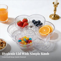 Embossed Flower-Shaped Fruit Tray Domed Lid Lidded Snack Tray Knob Handle Sectional Platter Low-Height