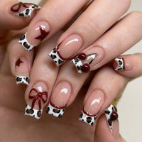 3D French Tip Press On Nails with Floral Rhinestones, Artificial Ons for Girls Wedding, Includes Jelly Glue and File
