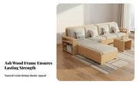 Wooden Storage Sofa Minimalist Nordic Aesthetic Ash Wood Sectional Sofa Four-Season Use L-Shaped Couch Storage Ottoman for Apartment Dwellers, Adults