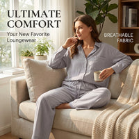 Airport Outfit 2 Piece Loungewear Set for Women with Long Sleeve Shirt and Wide Leg Pants, Comfortable Going Out Lounge Plus Size Available