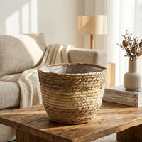 Laundry Basket for Home Office Organization, Set of 3 Lined Woven Seagrass Storage Baskets, Tapered Wicker Hamper Basket