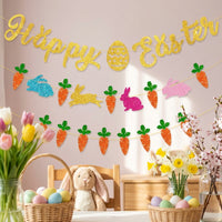 Easter Bunny & Carrot Garland, Happy Easter Garland Glittery Glitter Easter Bunny Banner Easy to Hang Bunny and Egg Banner for Families, Teachers, Home, Mantelpiece, Classroom