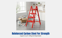 Red Folding Step Ladder, Housewarming, Home Use, Wide Pedal, Heavy Duty, Multi-Height, Easy Storage