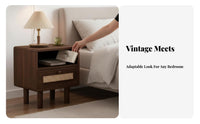 Retro Aesthetic Nightstand with Rattan Drawer Minimalist Design Rattan Front End Table Ample Storage Household Furniture Raised Legs for Homeowners, Renters, Students, Bedroom, Small Areas, Guest Room, Apartment