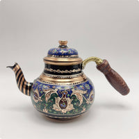 Handmade Copper Turkish Teapot Floral Scroll Design Decorative Copper Tea Pot Metallic-Finish Trim Turkish Style Teapot Wood-Textured Grip