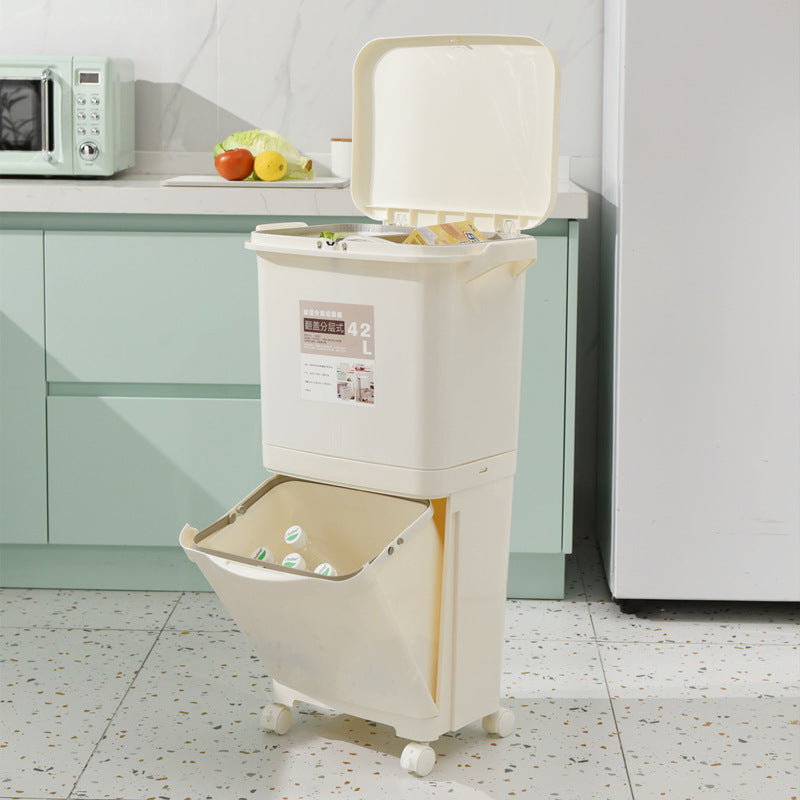 42L Japanese Kitchen Trash Can with Press Lid, Double Layer, Wet/Dry Separation