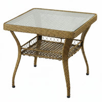 Minimalist Design Square Woven End Table with Glass Top Space-Saving Wicker Stand with Glass Top Weather-Resistant exteriordoor Furniture Easy to Clean for Apartment Dwellers, Homeowners, Adults, Balcony, Patio, Garden, Teahouse