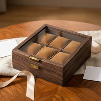 Display-Style Watch Storage Box with Transparent Lid Wood-Grain 6-Slot Watch Organizer Compact Soft for Dresser