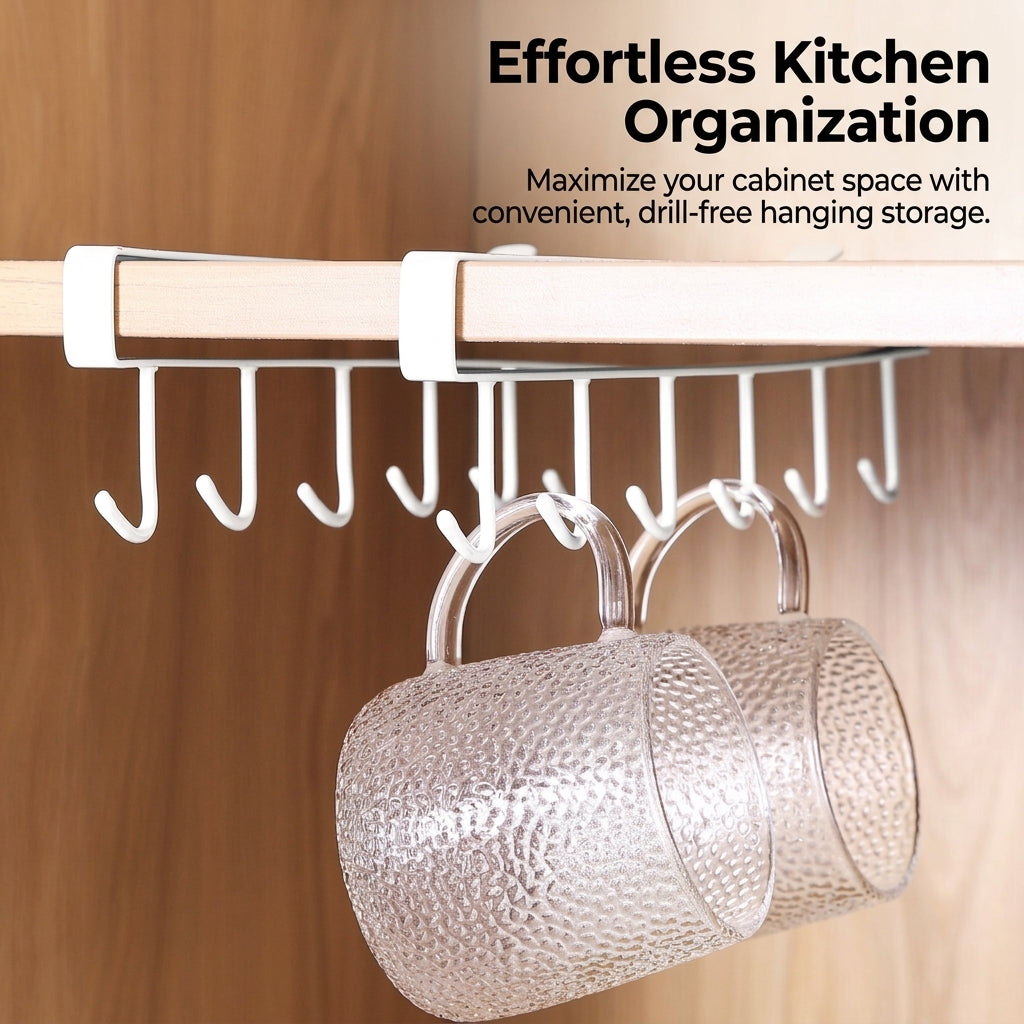 Cabinet and Cupboard Under Shelf Hanging Hook Rack for Kitchen User, No Drill with Easy Install Clip