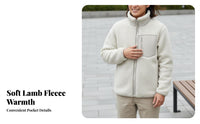 Warm Lambswool Coat Windproof Zip up Sherpa Jacket Loose Fit Stand Collar Teddy Jacket Zippered Pockets for Couples, Adults, Autumn, Fall Season, Daily Wear, Casual Outings
