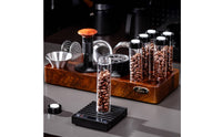 Unidirectional-Way Valve Single Dose Coffee Bean Tubes with Holder Airtight Seal Wooden Espresso Workflow Organizer Glass Vials