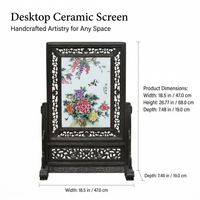 Privacy Screen Tabletop Display with Carved Vintage Wooden Frame, Jingdezhen Porcelain Plate Interior Decoration, 26.8" x 18.5" Ceramic Panel