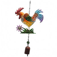 Iron and Glass Colorful Rooster-Shaped Wind Chime Hand-Painted Metal Rooster-Shaped Chime Multicolor Bell Ornament Flower Accent