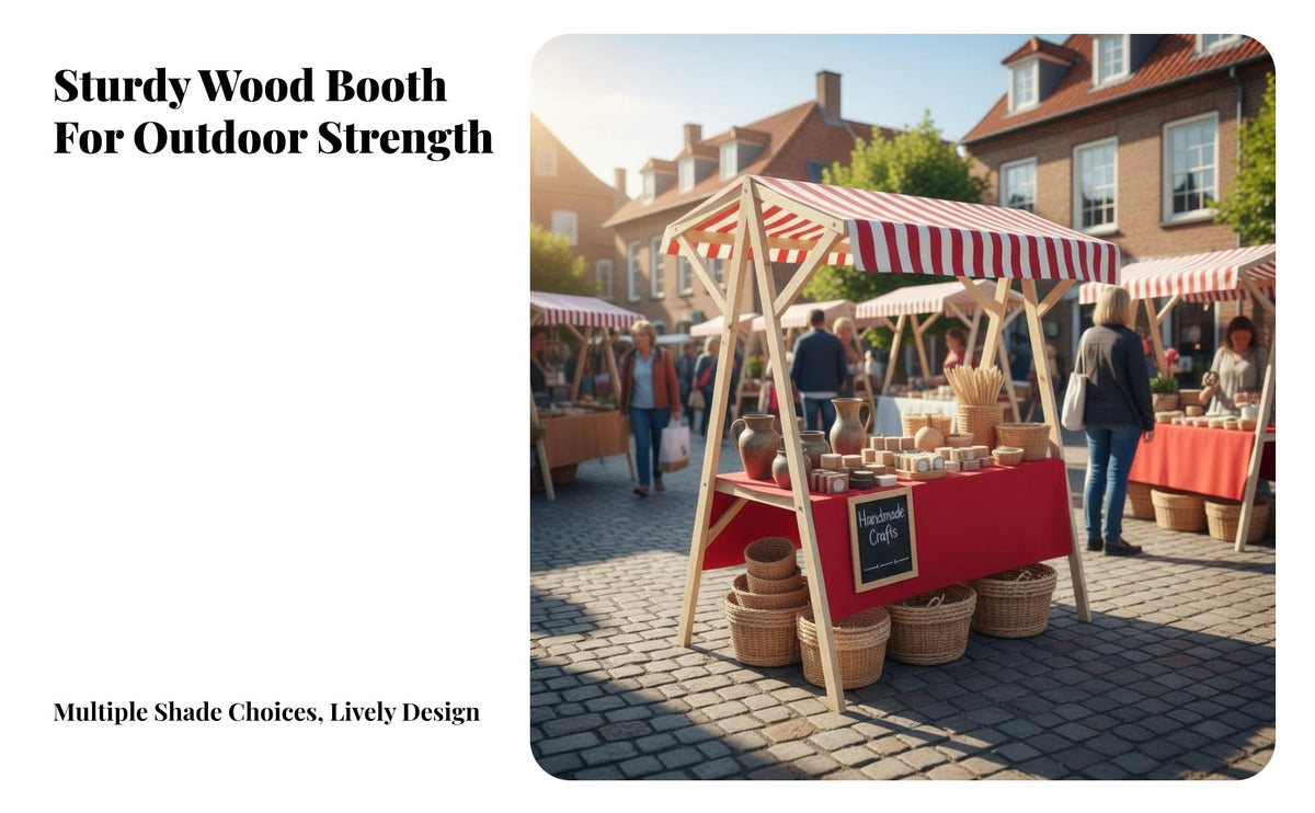 Space-Saving Wooden Market Stand with Canopy Easy Assembly Foldable Market Stall Versatile Wooden Vendor Booth with Awning Multi-Purpose for Entrepreneurs, Small Business Owners, Promotional Events, Street Vending, Craft Fairs, Trade Shows