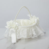 Satin Flower Girl Basket with Pearl Handle Charming Flower Girl Basket with Bow Exquisite Romantic for Brides