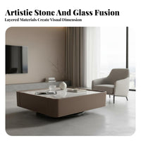Italian Minimalist Design Square Stone-Top Coffee Table with Drawers Saddle Leather Wrapped Living Room Furniture scuff Resistant Multi-Functional for Homeowners, Interior Designers, Renters, Lounge Area, Home Office