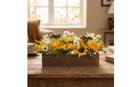 Helianthus Centerpiece with Wooden Planter Summer Floral Arrangement Decorative Decor for Shelf
