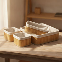 4 Pieces Natural Woven Basket with Lining Artisanal Bamboo Storage Basket Compact Desktop Organizer Rustic for Bathroom