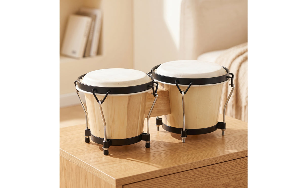 Natural Wood Bongo Drum with Wooden Bridge Hand-Played Bongo Drum Acoustic Percussion Instruments Tunable for Beginners, Classroom