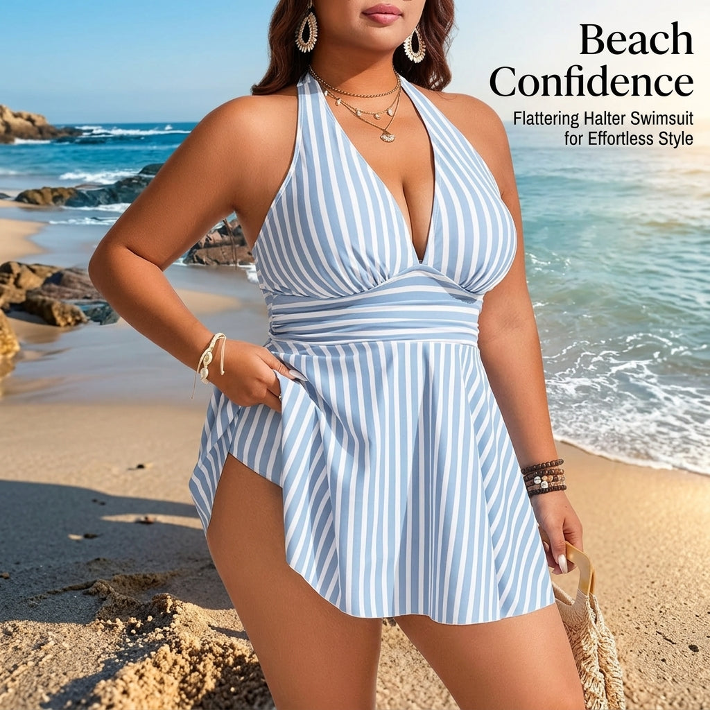 Swimsuit for Plus Size Women, Ruched Halterneck Design with Padded Bust Support, suitable for Water Sports & Seaside Fun