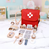 Ages 3+ Wooden Doctor Kit Cloth Bag Pretend Doctor Set for Children