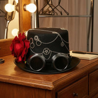 Black Steampunk Top Hat Silver-Tone Chain Top Hat with Goggles Wide Brim