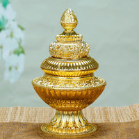 Tibetan Three-Tier Rice Box for Buddhist Altar with Eight Auspicious Symbols