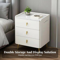 Solid Wood Frame 3-Drawer Nightstand Sintered Stone Surface 3Drawer Cabinet Noiseless Soft-Close Rails Bedside Table Scratch Resistant for Apartment Dwellers, Homeowners, Guest Room, Small Space, Hallway, Office