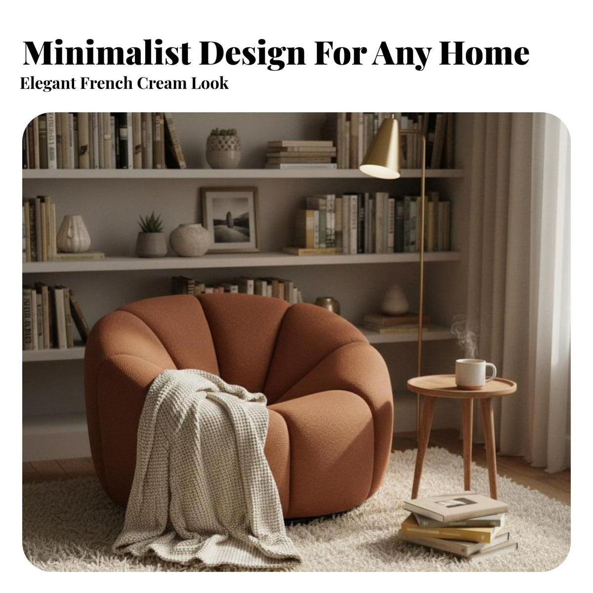 French Cream design Pumpkin rotating Armchair Plush Texture Living Room Seating Soft Fabric Upholstery Accent Chair Ergonomic Design for Homeowners, Interior Designers, Readers, book alcove, Lounge Area, Home inactiveice, Apartment