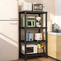 Black Shelving Unit for Kitchen, Modern Freestanding Pantry Shelving Unit with Wheels, Adjustable Storage Shelves