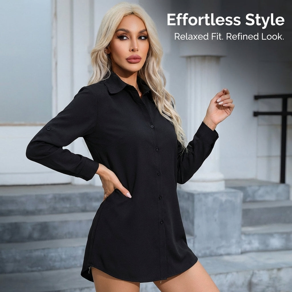 Shirts for Women Oversized Blouse with Tennis-Style Collar Design, Loose Fit Beach Cover Up in Polyester Material