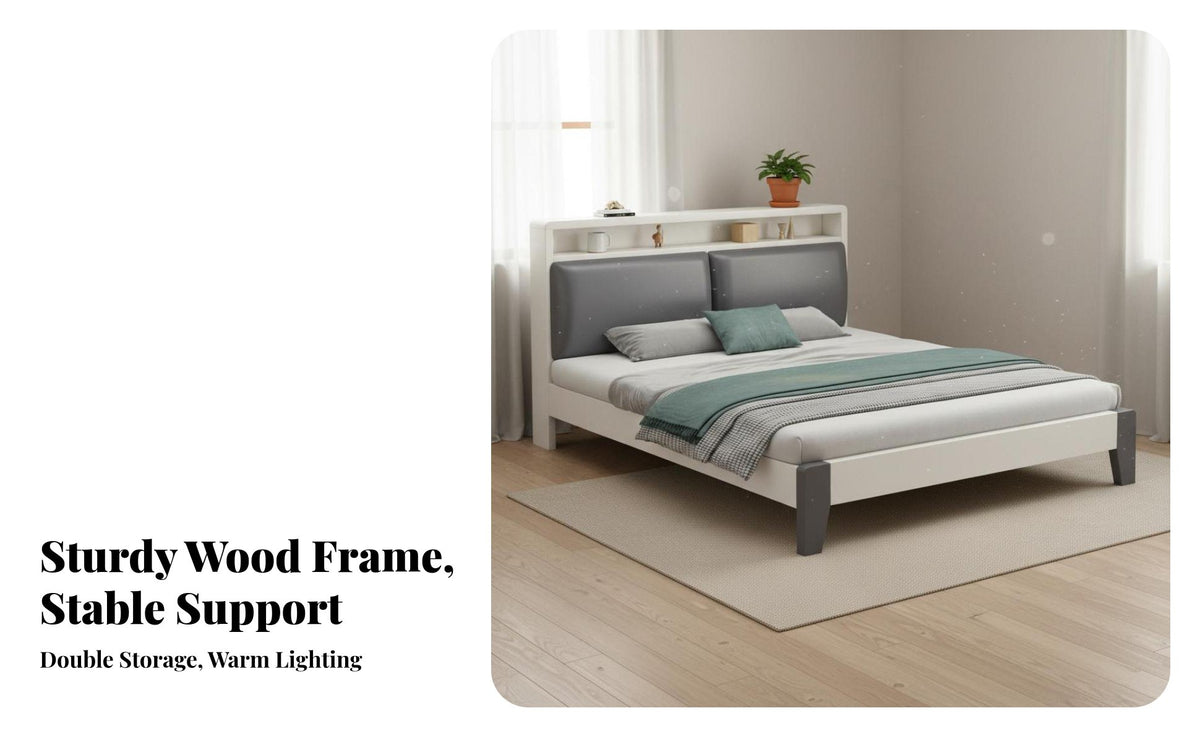 Modern Wooden Bed Frame Solid Wood Slats Foundation Bed with Storage Headboard No Box Spring Needed Bedroom Furniture for Renters, Apartment