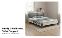 Modern Wooden Bed Frame Solid Wood Slats Foundation Bed with Storage Headboard No Box Spring Needed Bedroom Furniture for Renters, Apartment
