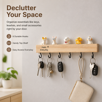 Black Wooden Key Holder with Shelf, 6 Hook Wall Organiser Key Holder, No-Drill Key Hanger for Apartment Entryway, Home Decor