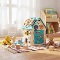 Fine Movement Skills Educational Busy House Multiple Interactive Panels Wooden Busy House Hand-Eye Coordination Lock Learning Toy Logical Thinking for Babies, Toddlers, Early Education, Indoor Play