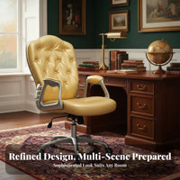 European Design Upholstered Rolling Task Chair Adjustable Height Button-Tufted Rolling Armchair Ergonomic Design Swivel Seat Certified Gas Lift for Home Users, Telecommuting Workers, Streamers, Study Room, Bedroom, Vanity Area