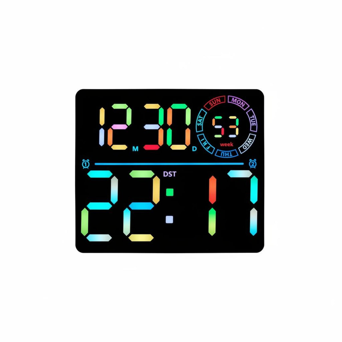 Perpetual Calendar RGB LED Wall Clock Rainbow Effect Large Display Digital Clock USB Powered for Elderly, Kids, Living Room, Bedroom, Office