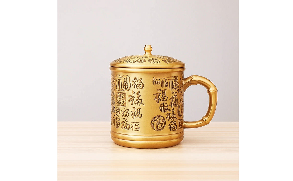 Lidded Tea Cup with Handle Golden-Brass Teacup Drinkware for Collectors