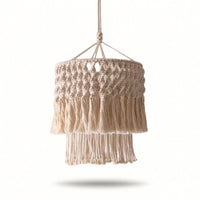Handmade Pendant Lampshade with Fringe Woven Macrame Lampshade Knotted Bohemian Hanging Lamp Natural for Bedroom