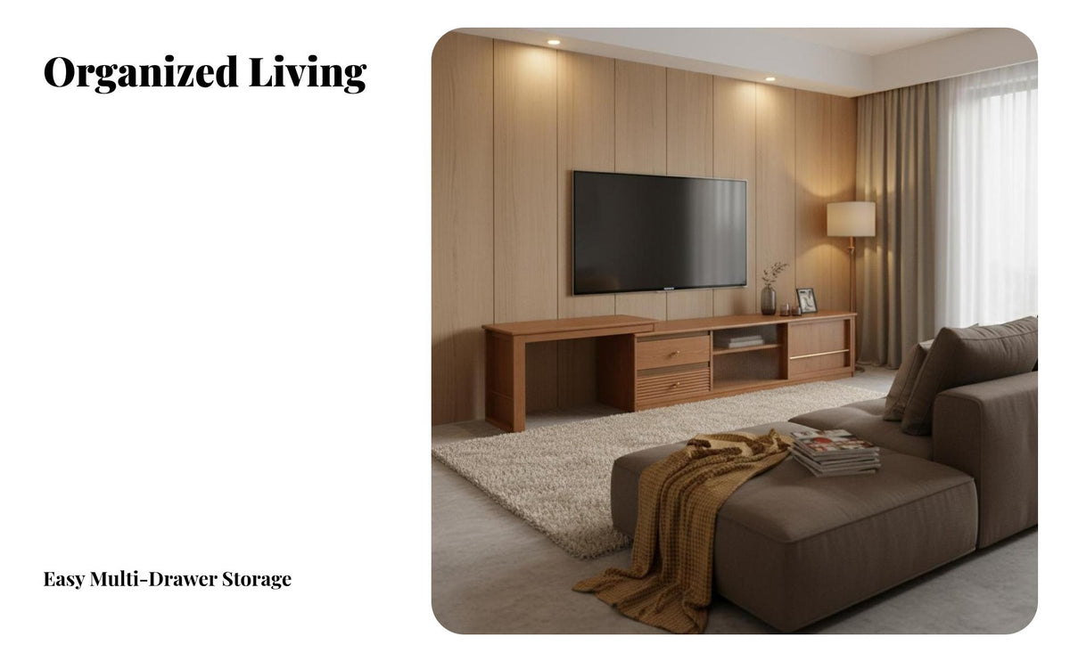Modern Minimalist aesthetic Extendable TV Stand Large Storage Capacity Extendable media Center noiseless Drawer Slides Living Room Furniture Lowsilhouette for Apartment Residents, Homeowners, Design aficionados, Open-Plan Spaces, Bedroom