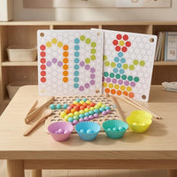 Colorful Wooden Bead-Matching Puzzle Printed Pattern Cards Bead Matching Game Hands-on Color Sorting Toy Fine Motor Skills for Children