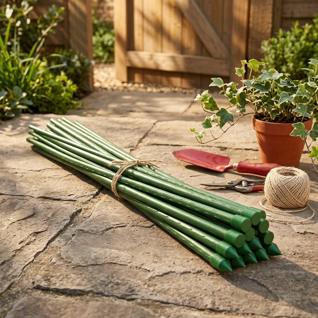 Garden Trellis for Potted Plants Indoor, Steel Core Garden Stakes for Plant Support in a Raised Bed, Weather Resistant Stakes with Ties, Green