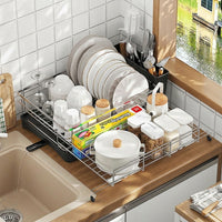Stainless Steel Dish Rack and Sink Organiser, Modern Dish Drainer with Drainer Rack Tray, Space Saving Plate Rack for Modern Home Kitchen Sink