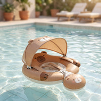Bear-Themed Baby Pool Flotation Device with Sun Canopy Soft-Seated Baby Swim Flotation Device with Canopy Removable Swimming Float with Safety Seat Portable for Babies