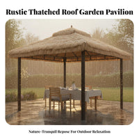 Thatched Roof Gazebo Rainproof Four-Corner Sun Cover Rustic Design Square Patio Canopy for Event Planners, Business Owners, Courtyard, Backyard, Deck