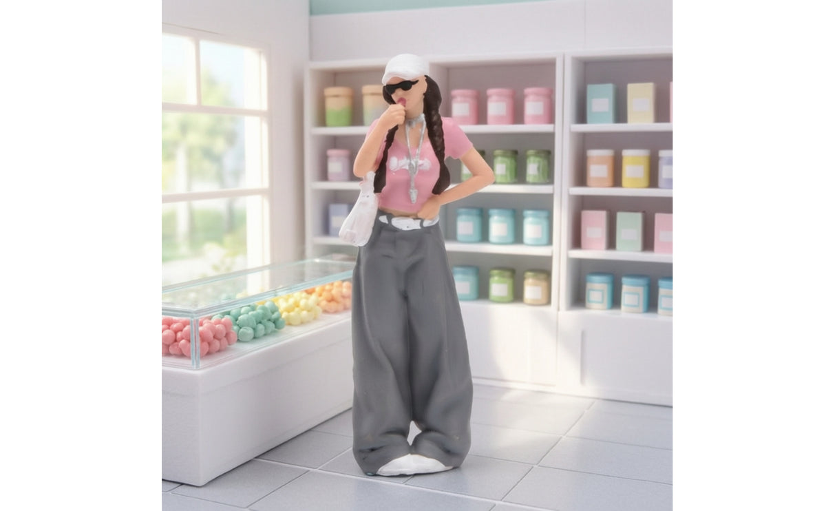 1:64 Scale Resin Female Miniature Figurine with Pink Top and Gray Pants
